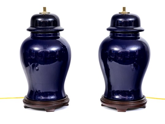 Handsome Pair Of Cobalt Glazed Ginger Jar Form Table Lamps