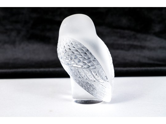 French, Lalique Frosted Crystal Owl On Perch Form Paperweight