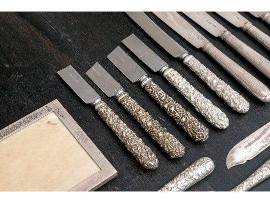 Collection Of Miscellaneous Silver Plated Flatware Utensils With An Inkwell And Picture Frame