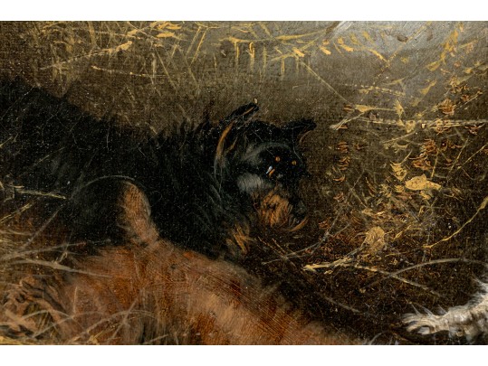 Edward Armfield (British, 1817-1896) Oil On Canvas Interior Genre Scene Of  Dogs In A Barn House