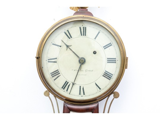 Antique William Grant Federal Style Eglomise Inset Wood And Brass Framed Banjo Clock