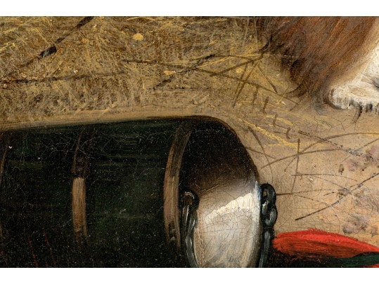 Edward Armfield (British, 1817-1896) Oil On Canvas Interior Genre Scene Of  Dogs In A Barn House