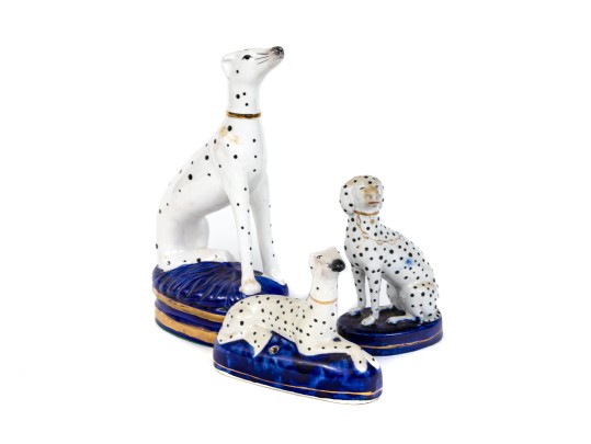 A Set Of Three English, Staffordshire Dogs, Two Figural And One A Quill Holder