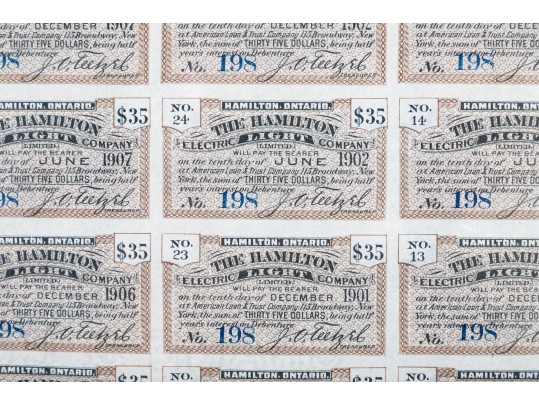  Framed 1890 The Hamilton Electric Co. Ontario Gold Bond $1000 Certificate With Others