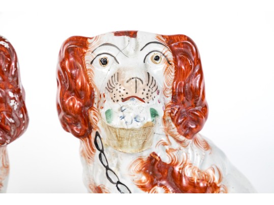Pair Of Cute Hand Painted Staffordshire Spaniel Figures Holding Flower Baskets