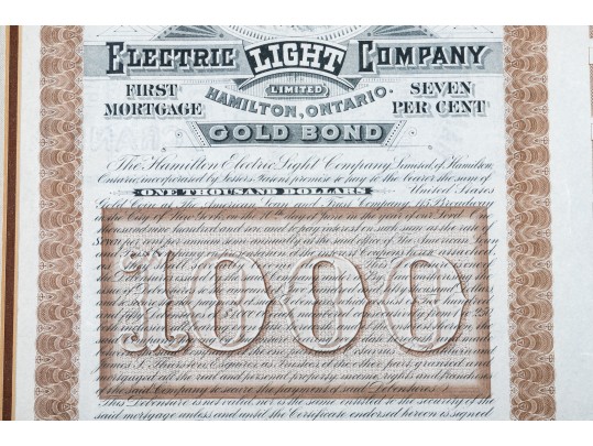  Framed 1890 The Hamilton Electric Co. Ontario Gold Bond $1000 Certificate With Others