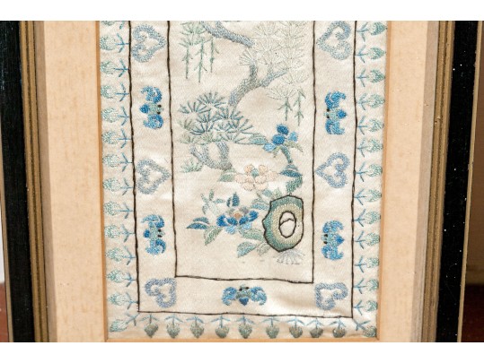 Pair Of Antique Chinese Silk Embroidered Panels, Framed