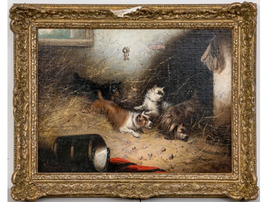 Edward Armfield (British, 1817-1896) Oil On Canvas Interior Genre Scene Of  Dogs In A Barn House