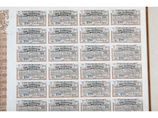  Framed 1890 The Hamilton Electric Co. Ontario Gold Bond $1000 Certificate With Others