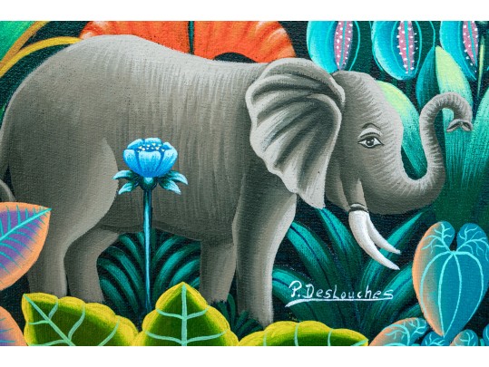 Patrick DesLouches (Haitian, B. 1961) Oil On Canvas Whimsical Jungle Scene