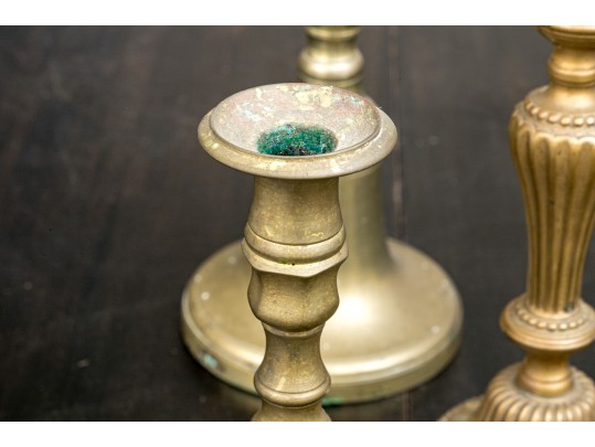3 Pairs Of Antique And Vintage Brass Candlesticks