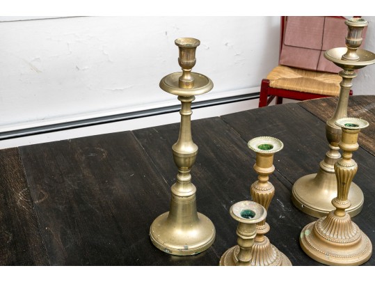 3 Pairs Of Antique And Vintage Brass Candlesticks