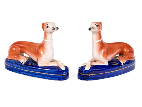 Pair Of Adorable Hand Painted Staffordshire Whippet Inkwells