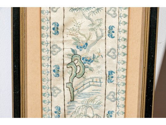 Pair Of Antique Chinese Silk Embroidered Panels, Framed