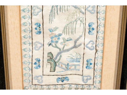 Pair Of Antique Chinese Silk Embroidered Panels, Framed