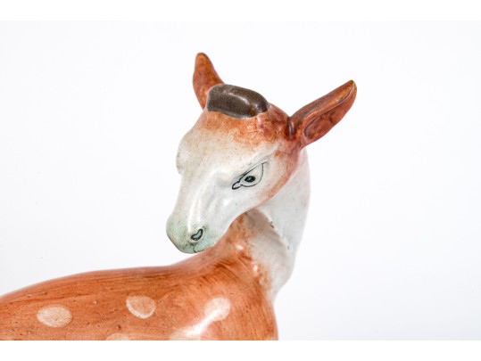 Antique Pair Of English, Staffordshire Hand Painted Ceramic Deer