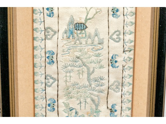 Pair Of Antique Chinese Silk Embroidered Panels, Framed