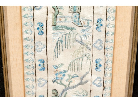 Pair Of Antique Chinese Silk Embroidered Panels, Framed