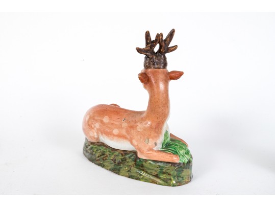 Antique Pair Of English, Staffordshire Hand Painted Ceramic Deer