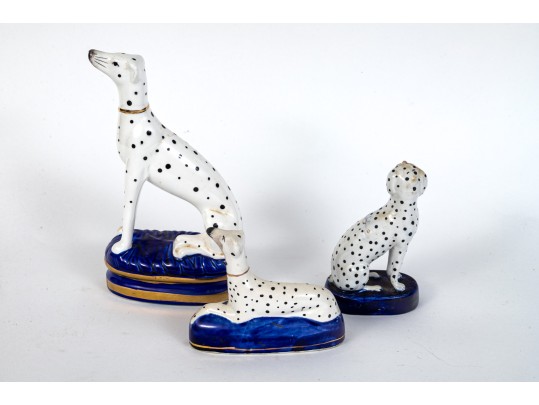 A Set Of Three English, Staffordshire Dogs, Two Figural And One A Quill Holder