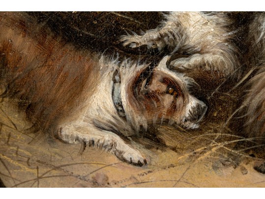 Edward Armfield (British, 1817-1896) Oil On Canvas Interior Genre Scene Of  Dogs In A Barn House