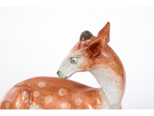 Antique Pair Of English, Staffordshire Hand Painted Ceramic Deer