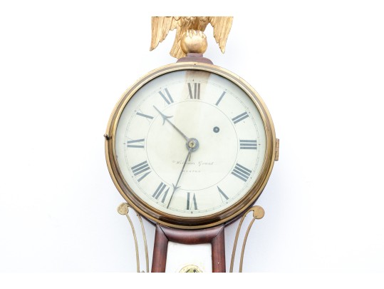 Antique William Grant Federal Style Eglomise Inset Wood And Brass Framed Banjo Clock