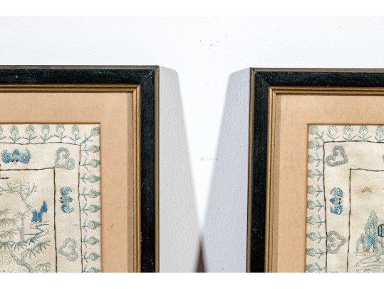 Pair Of Antique Chinese Silk Embroidered Panels, Framed