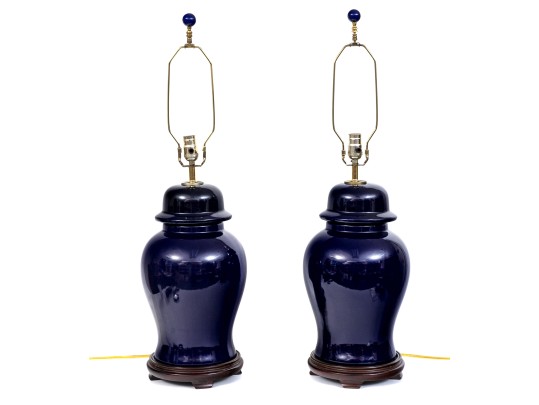 Handsome Pair Of Cobalt Glazed Ginger Jar Form Table Lamps