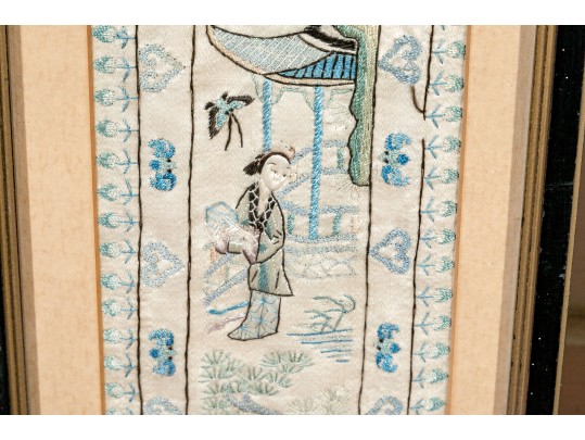 Pair Of Antique Chinese Silk Embroidered Panels, Framed
