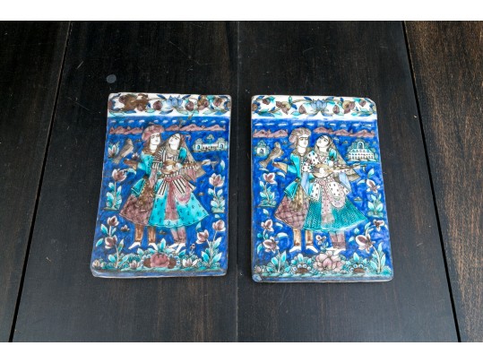 Pair Of Persian Moulded And Hand Painted Ceramic Plaques 