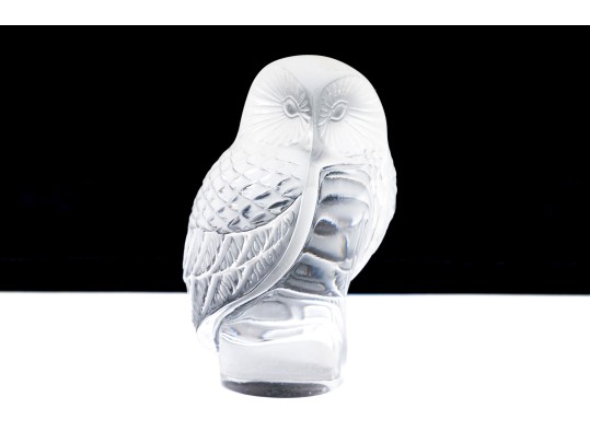 French, Lalique Frosted Crystal Owl On Perch Form Paperweight