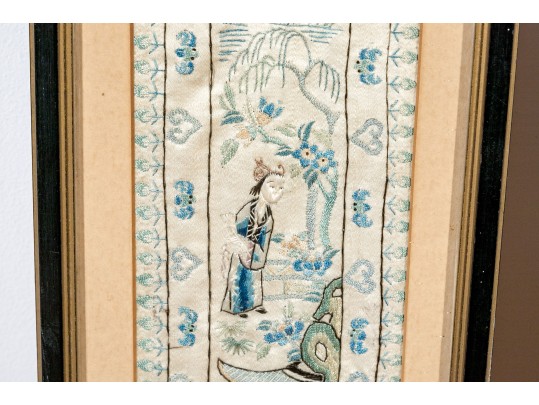 Pair Of Antique Chinese Silk Embroidered Panels, Framed