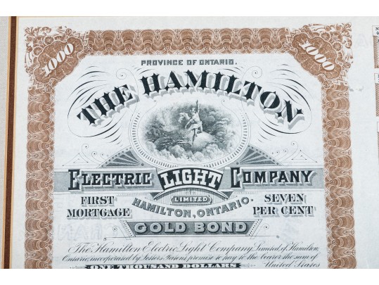  Framed 1890 The Hamilton Electric Co. Ontario Gold Bond $1000 Certificate With Others
