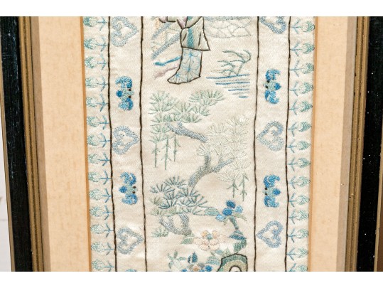 Pair Of Antique Chinese Silk Embroidered Panels, Framed