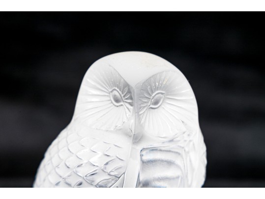 French, Lalique Frosted Crystal Owl On Perch Form Paperweight