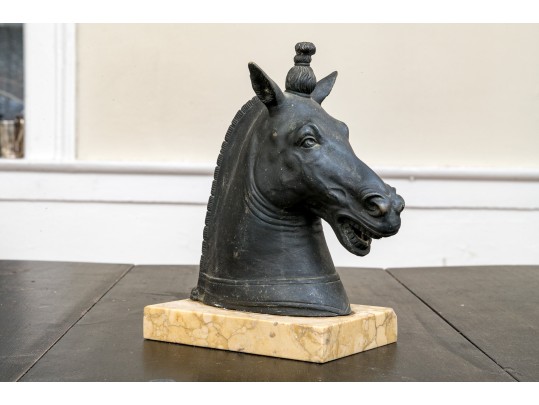 Italian Bronze Bust Of A Horse Mounted On A Marble Plinth