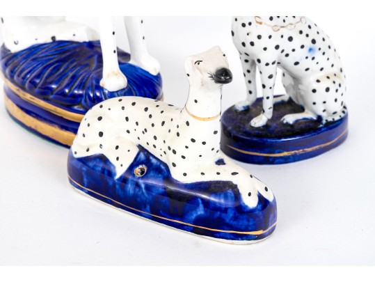 A Set Of Three English, Staffordshire Dogs, Two Figural And One A Quill Holder