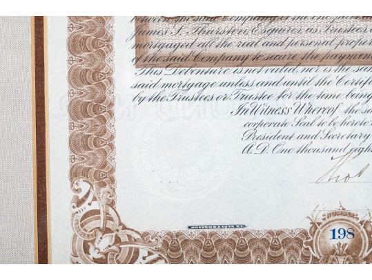  Framed 1890 The Hamilton Electric Co. Ontario Gold Bond $1000 Certificate With Others