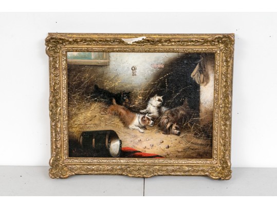 Edward Armfield (British, 1817-1896) Oil On Canvas Interior Genre Scene Of  Dogs In A Barn House