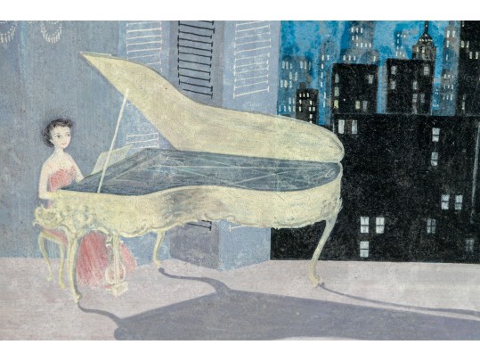 M. Wende (American, 20th C.) Oil On Board Painting, Woman With Grand Piano