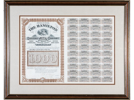  Framed 1890 The Hamilton Electric Co. Ontario Gold Bond $1000 Certificate With Others