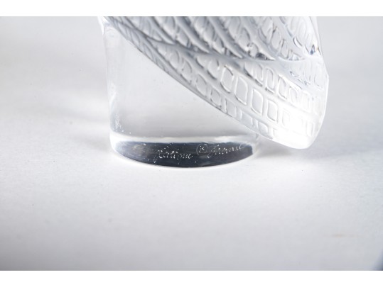 French, Lalique Frosted Crystal Owl On Perch Form Paperweight