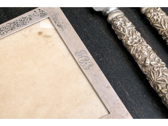 Collection Of Miscellaneous Silver Plated Flatware Utensils With An Inkwell And Picture Frame