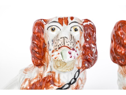 Pair Of Cute Hand Painted Staffordshire Spaniel Figures Holding Flower Baskets