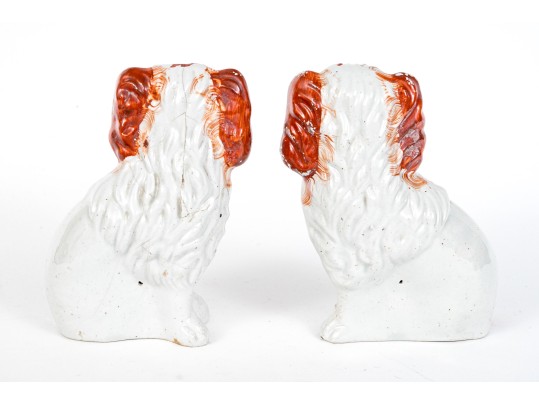 Pair Of Cute Hand Painted Staffordshire Spaniel Figures Holding Flower Baskets