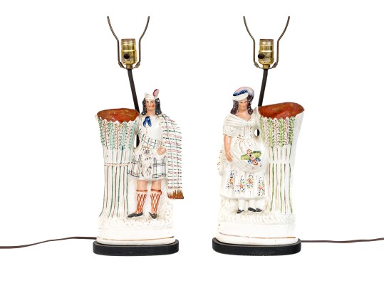 Pair Of English Stafforsdhire Highlander Spill Vases Mounted As Lamps