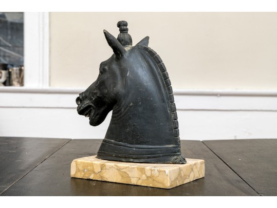 Italian Bronze Bust Of A Horse Mounted On A Marble Plinth