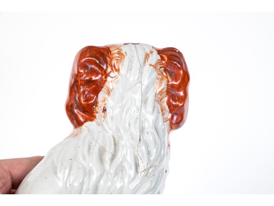 Pair Of Cute Hand Painted Staffordshire Spaniel Figures Holding Flower Baskets