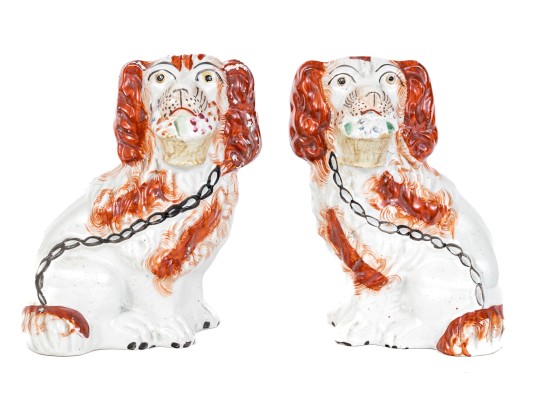 Pair Of Cute Hand Painted Staffordshire Spaniel Figures Holding Flower Baskets